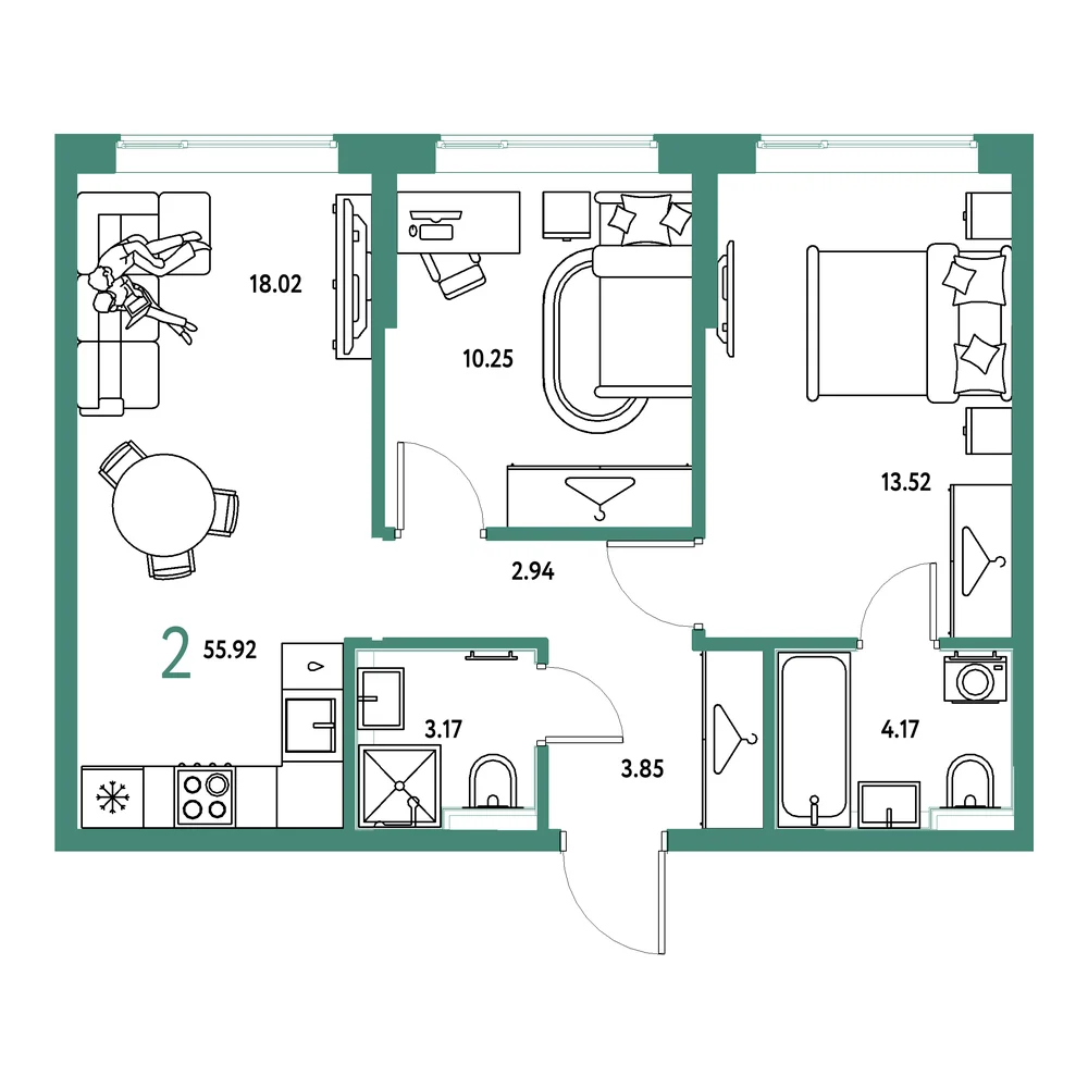 Планировка: Страна.Прибрежная 2-комнатная 55,92м²
