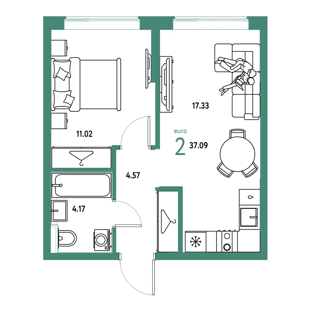 Планировка: Страна.Прибрежная 2-комнатная 37,09м²