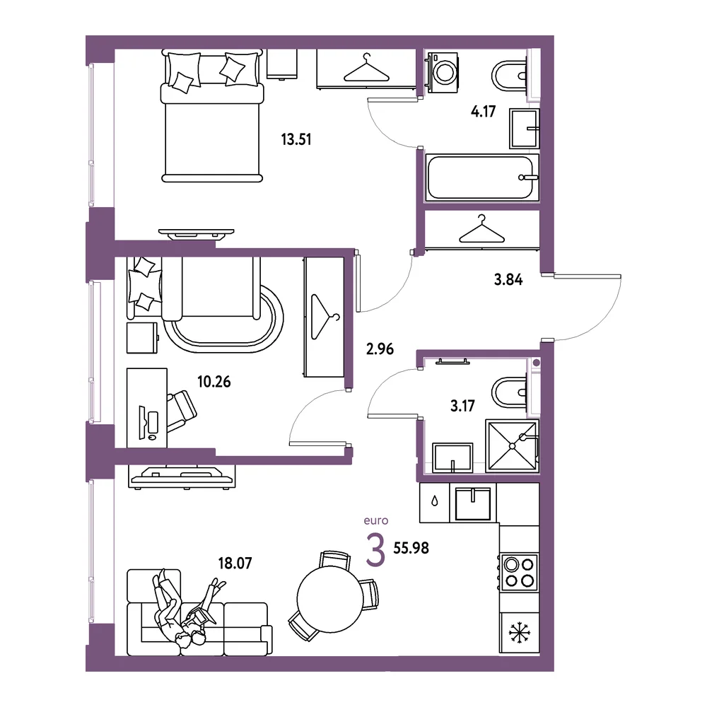 Планировка: Страна.Прибрежная 3-комнатная 55,98м²