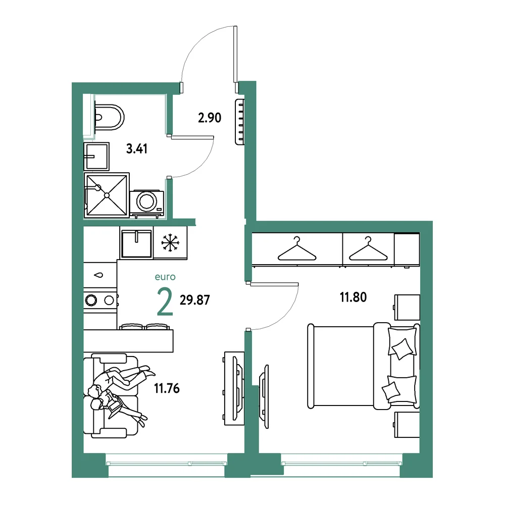Планировка: Страна.Прибрежная 2-комнатная 29,87м²
