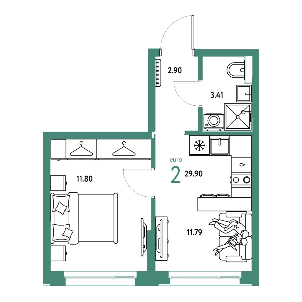 Планировка: Страна.Прибрежная 2-комнатная 29,90м²
