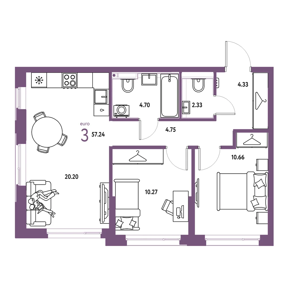 Планировка: Страна.Прибрежная 3-комнатная 57,24м²