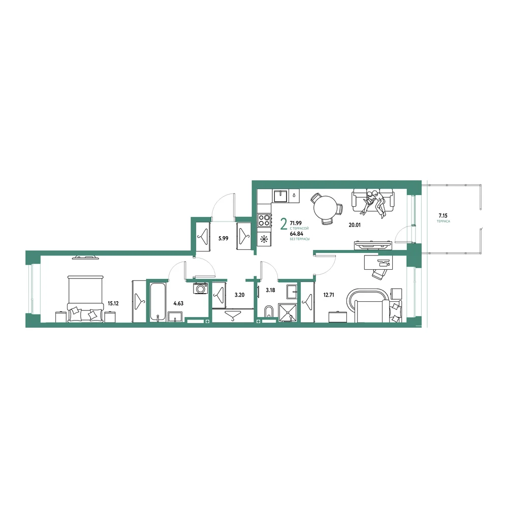 Планировка: Страна.Прибрежная 2-комнатная 71,99м²