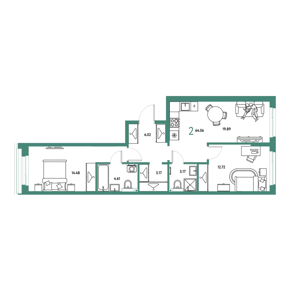 Планировка: Страна.Прибрежная 2-комнатная 64,06м²