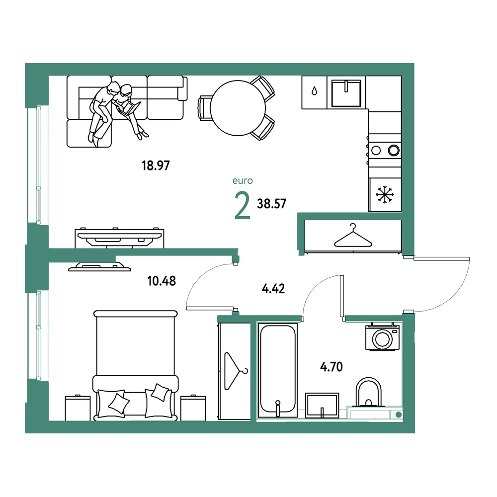Планировка: Страна.Прибрежная 2-комнатная 38,57м²