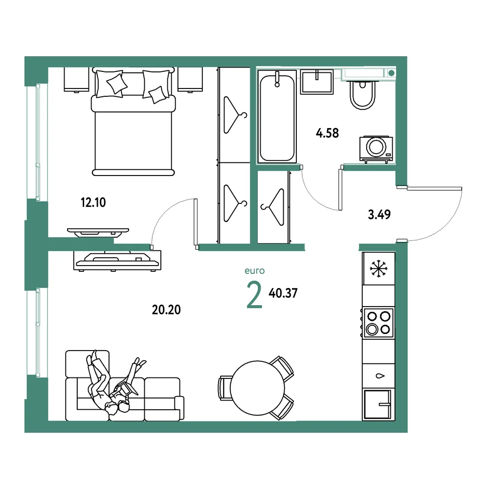Планировка: Страна.Прибрежная 2-комнатная 40,37м²