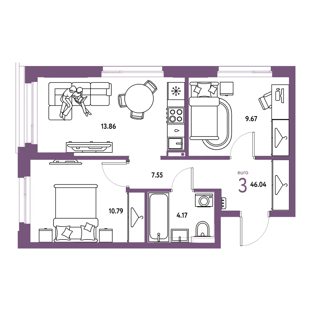 Планировка: Страна.Прибрежная 3-комнатная 46,04м²