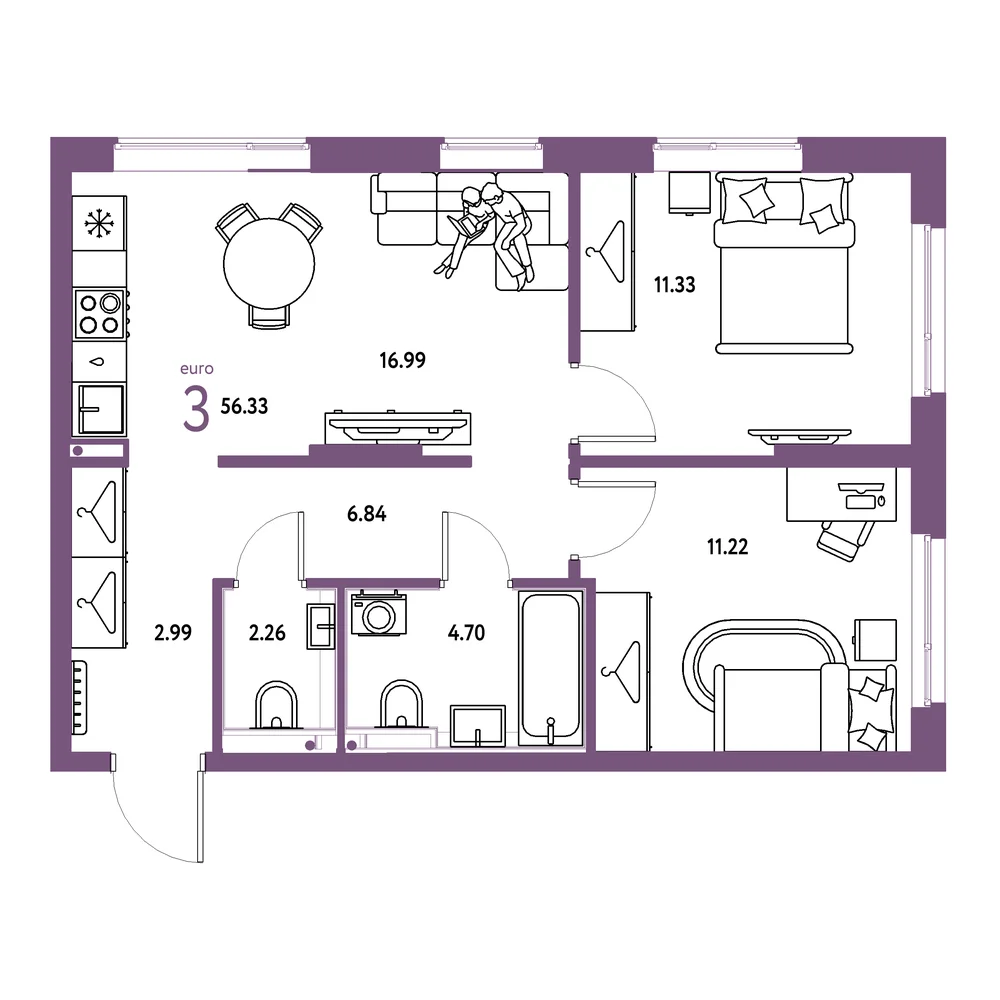 Планировка: Страна.Прибрежная 3-комнатная 56,33м²