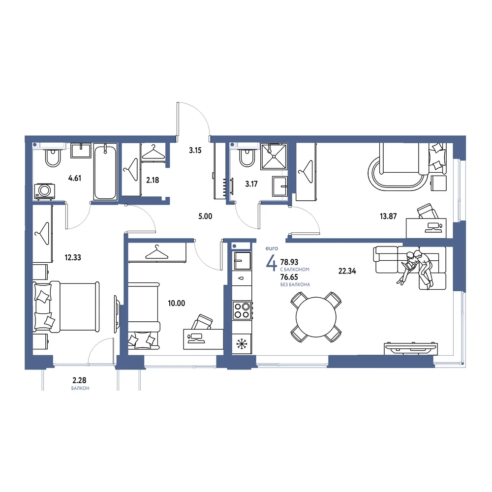 Планировка: Страна.Прибрежная 4-комнатная 78,93м²