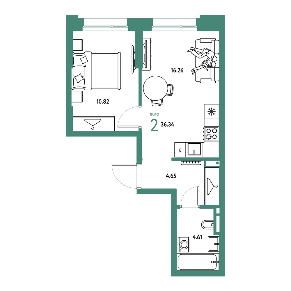 Планировка: Страна.Прибрежная 2-комнатная 36,34м²