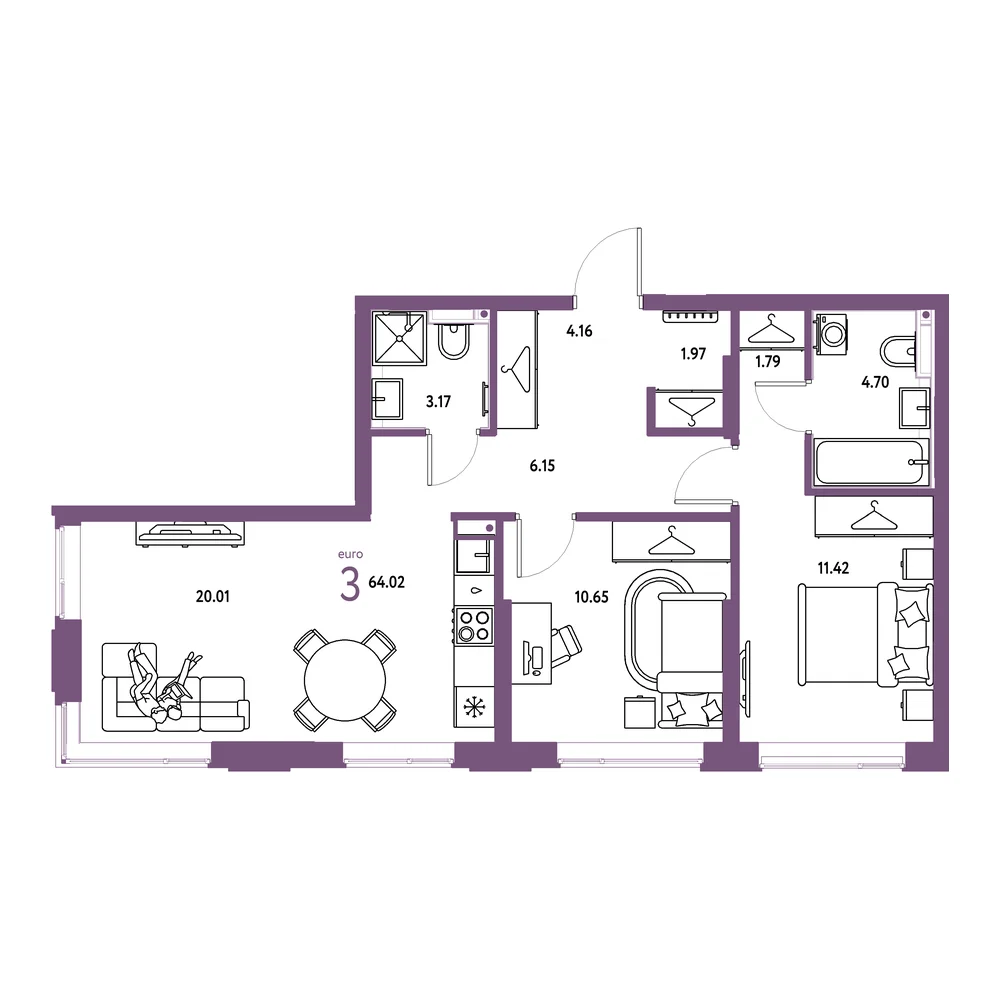 Планировка: Страна.Прибрежная 3-комнатная 64,02м²