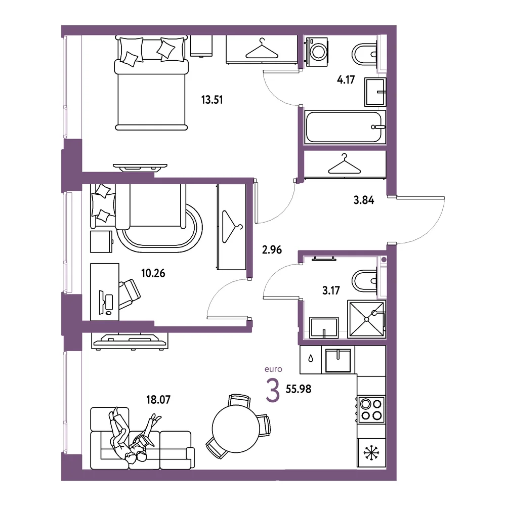 Планировка: Страна.Прибрежная 3-комнатная 55,98м²