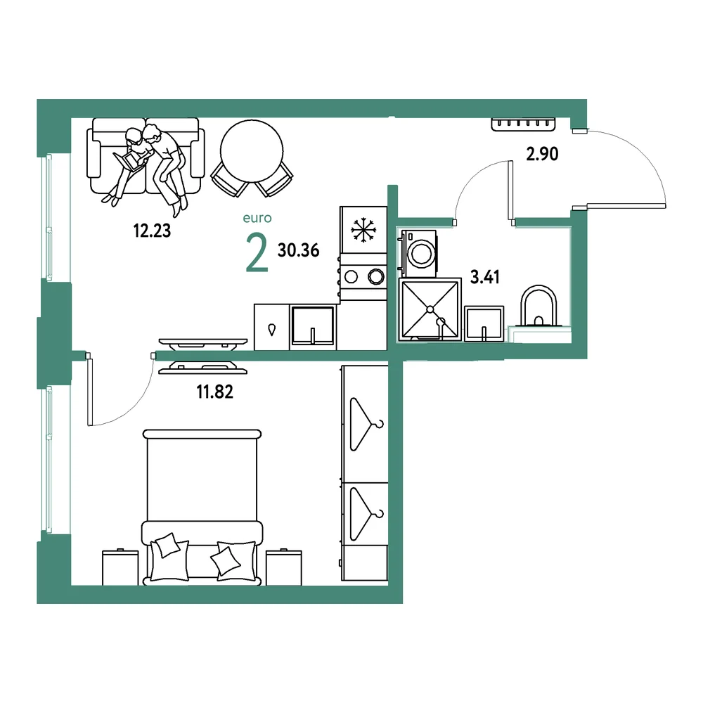 Планировка: Страна.Прибрежная 2-комнатная 30,36м²