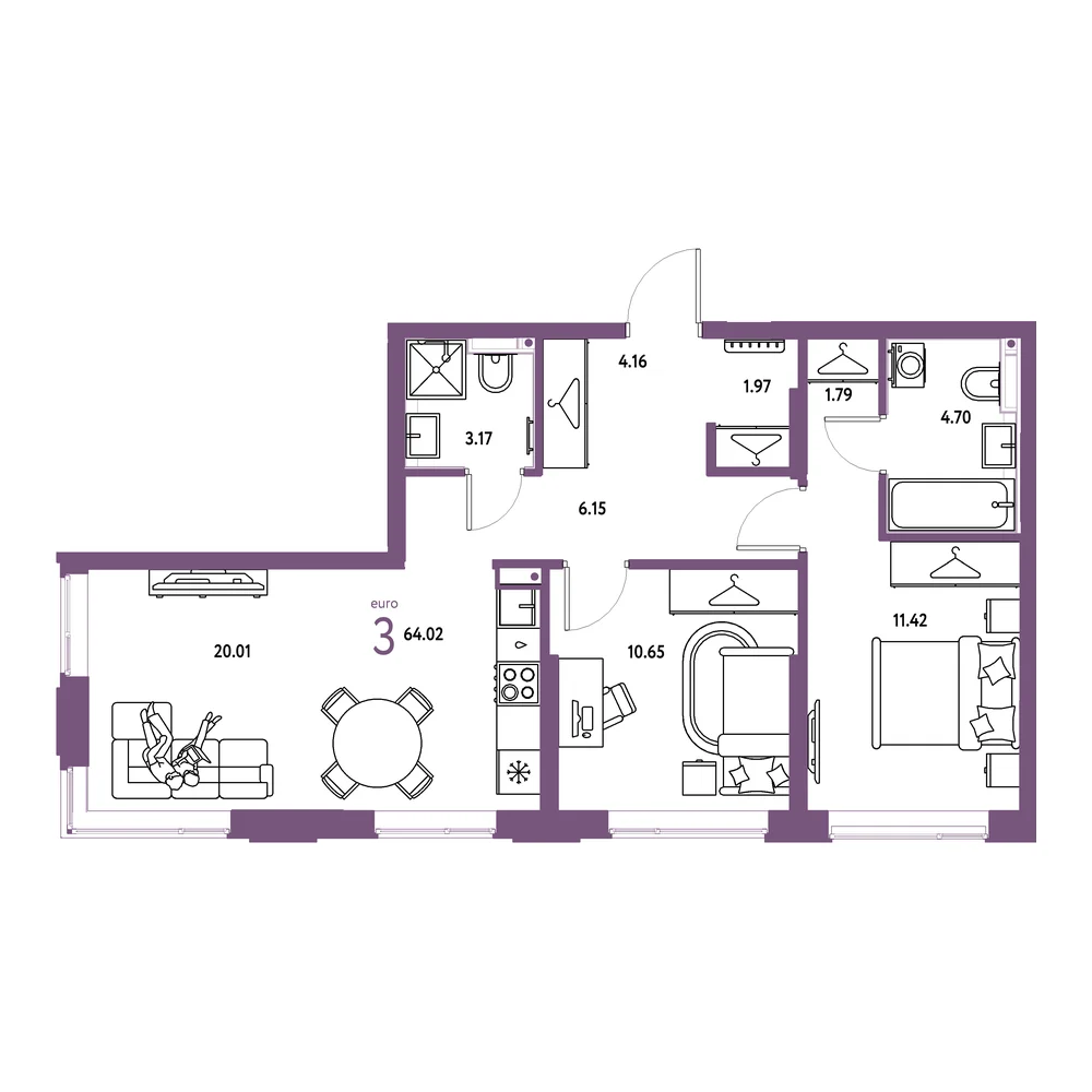Планировка: Страна.Прибрежная 3-комнатная 64,02м²