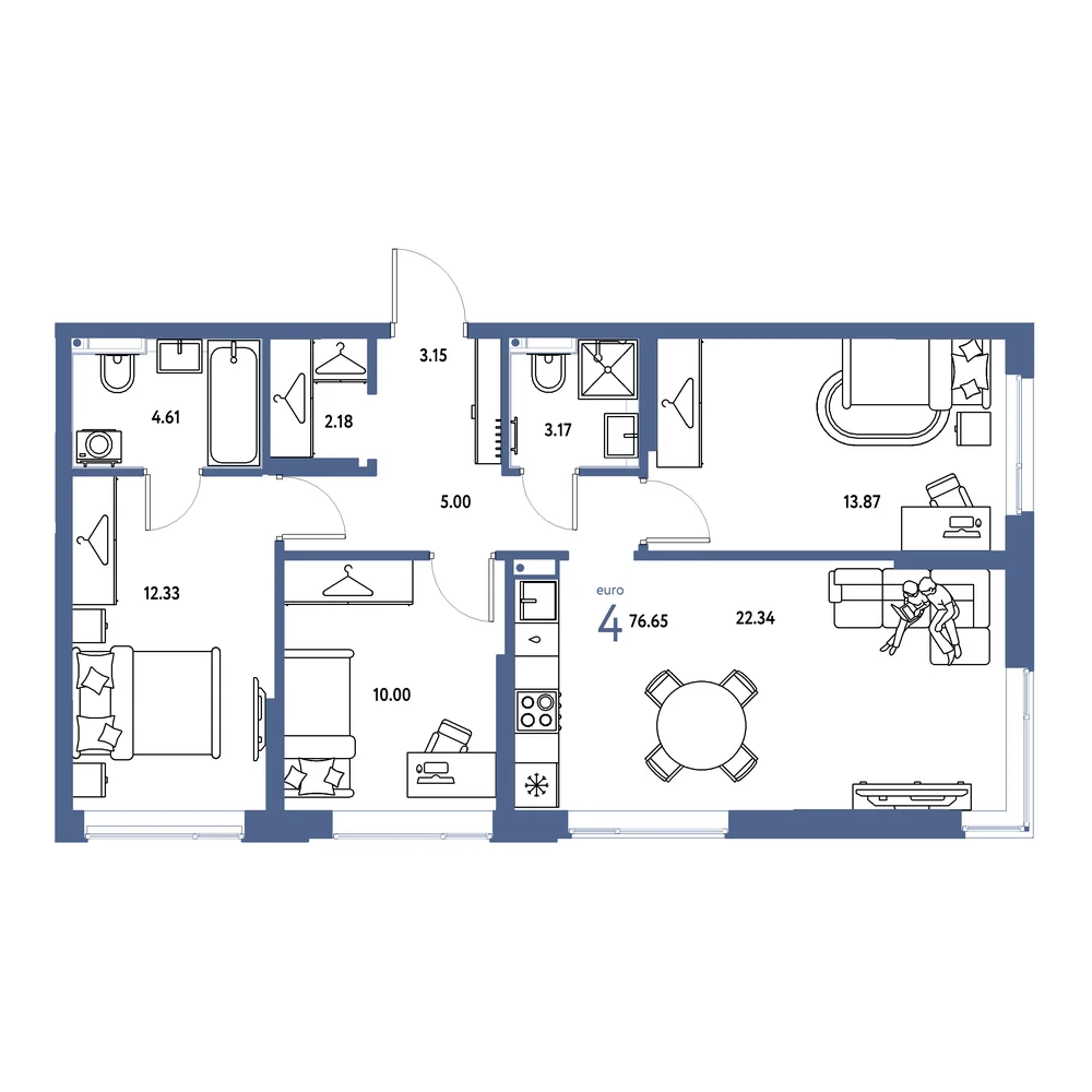 Планировка: Страна.Прибрежная 4-комнатная 76,65м²