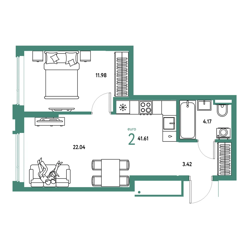 Планировка: Страна.Прибрежная 2-комнатная 41,61м²