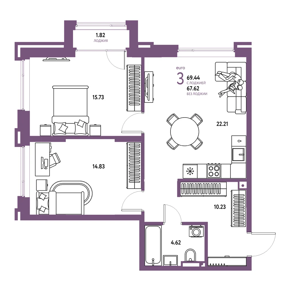 Планировка: Страна.Прибрежная 3-комнатная 69,44м²