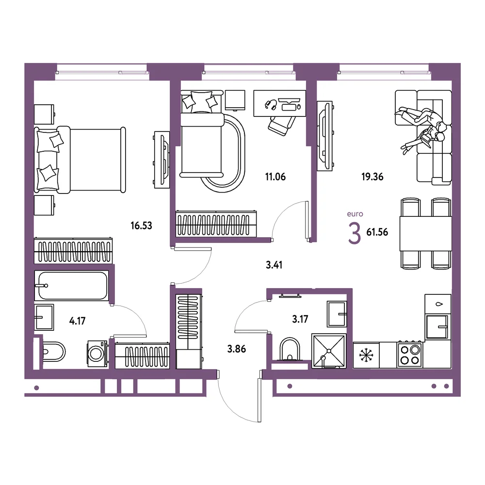 Планировка: Страна.Прибрежная 3-комнатная 61,56м²
