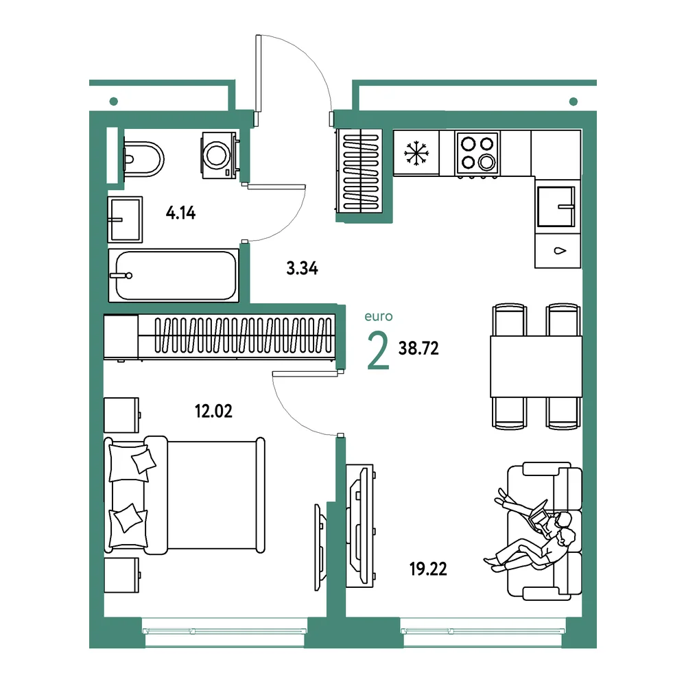 Планировка: Страна.Прибрежная 2-комнатная 38,72м²