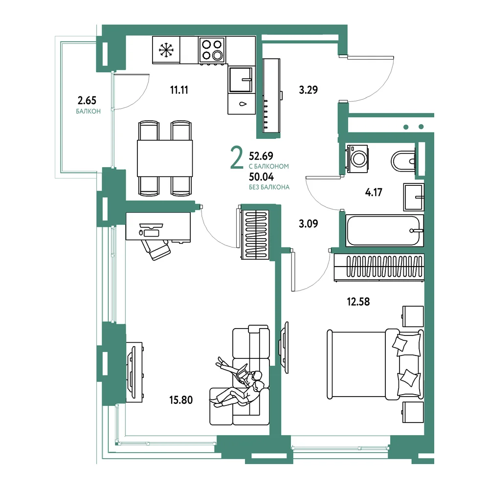 Планировка: Страна.Прибрежная 2-комнатная 52,69м²