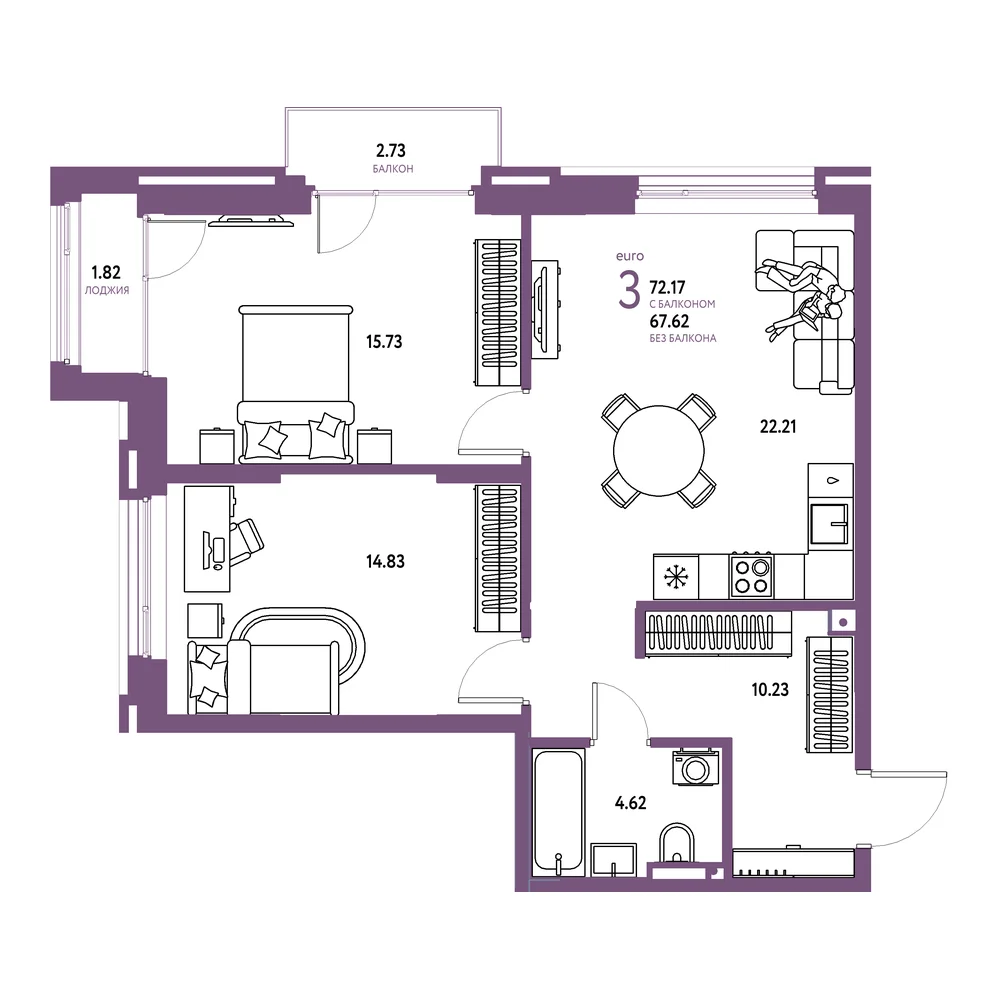 Планировка: Страна.Прибрежная 3-комнатная 72,17м²
