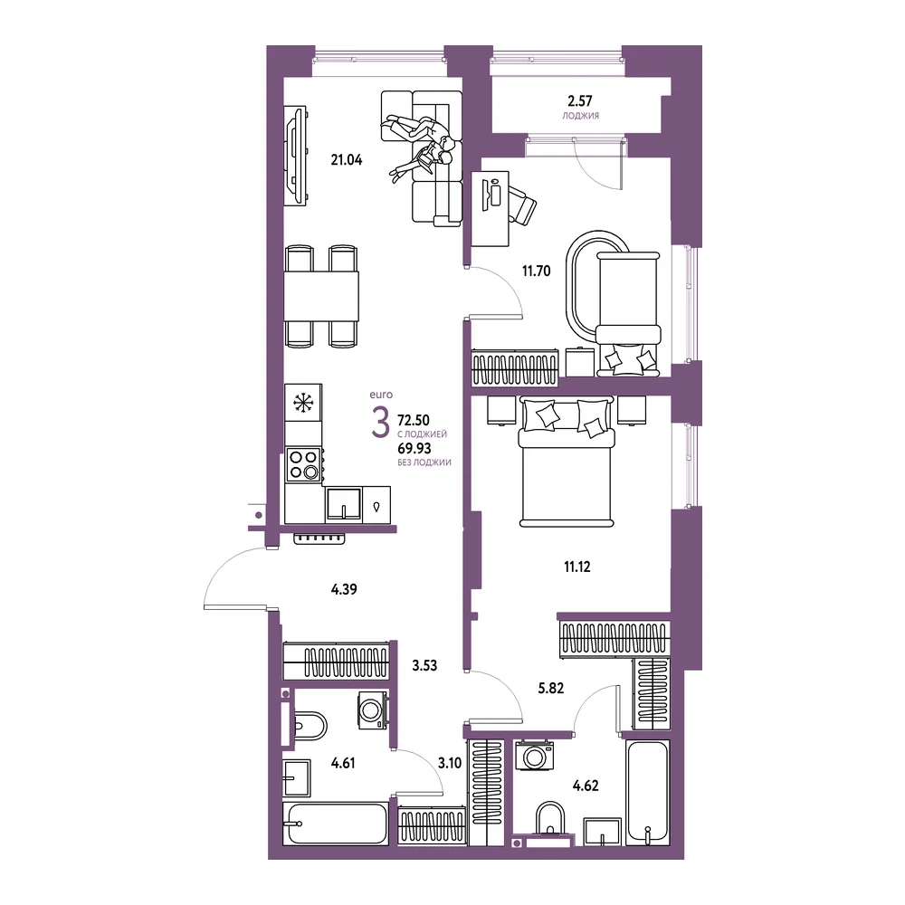 Планировка: Страна.Прибрежная 3-комнатная 72,50м²