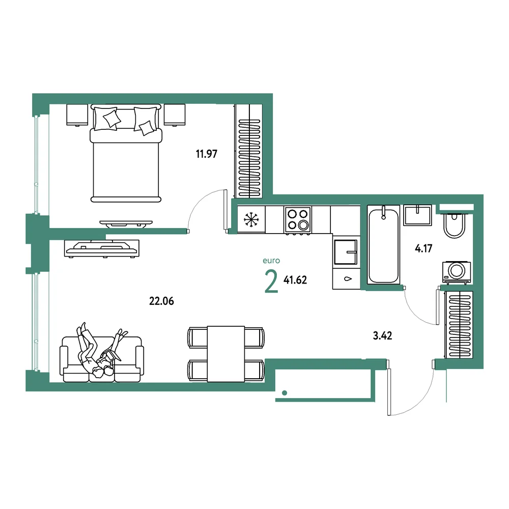Планировка: Страна.Прибрежная 2-комнатная 41,62м²