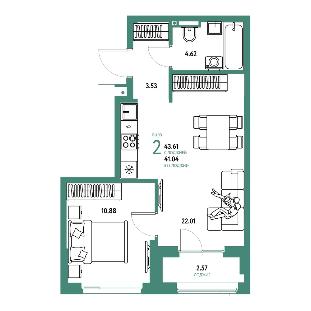 Планировка: Страна.Прибрежная 2-комнатная 43,61м²