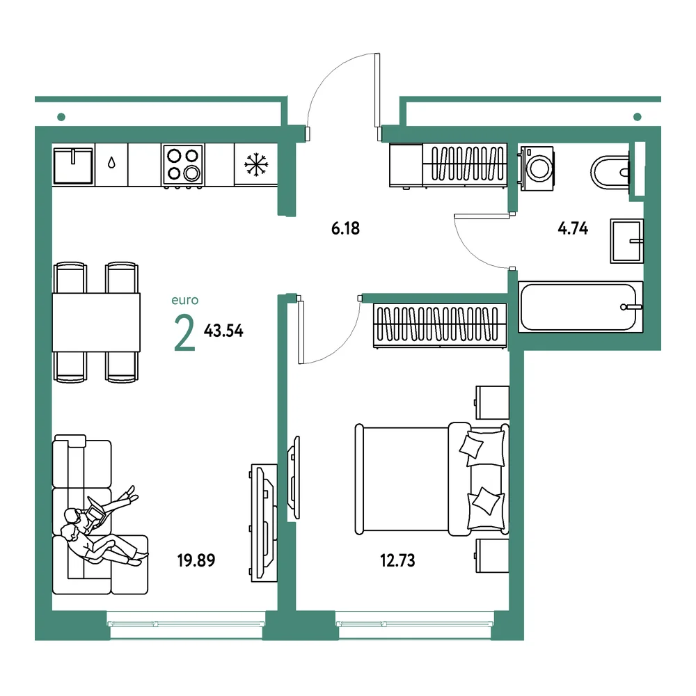 Планировка: Страна.Прибрежная 2-комнатная 43,54м²