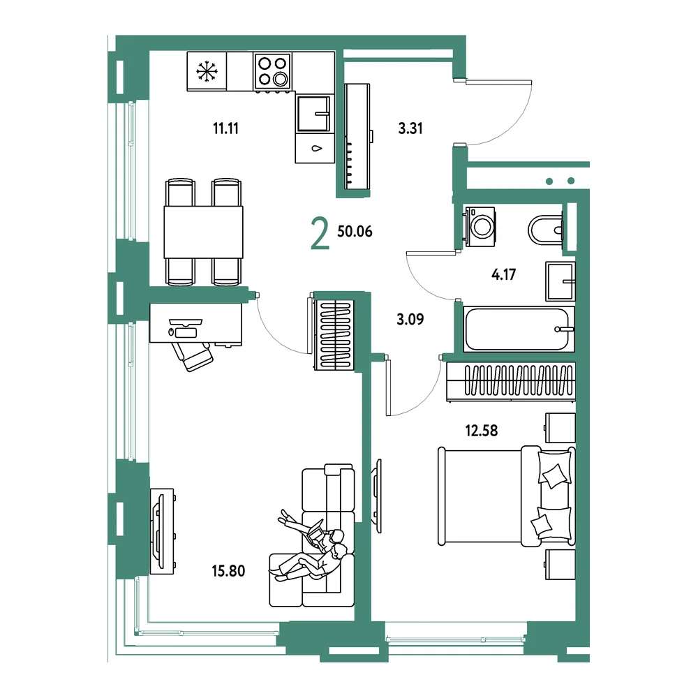Планировка: Страна.Прибрежная 2-комнатная 50,06м²