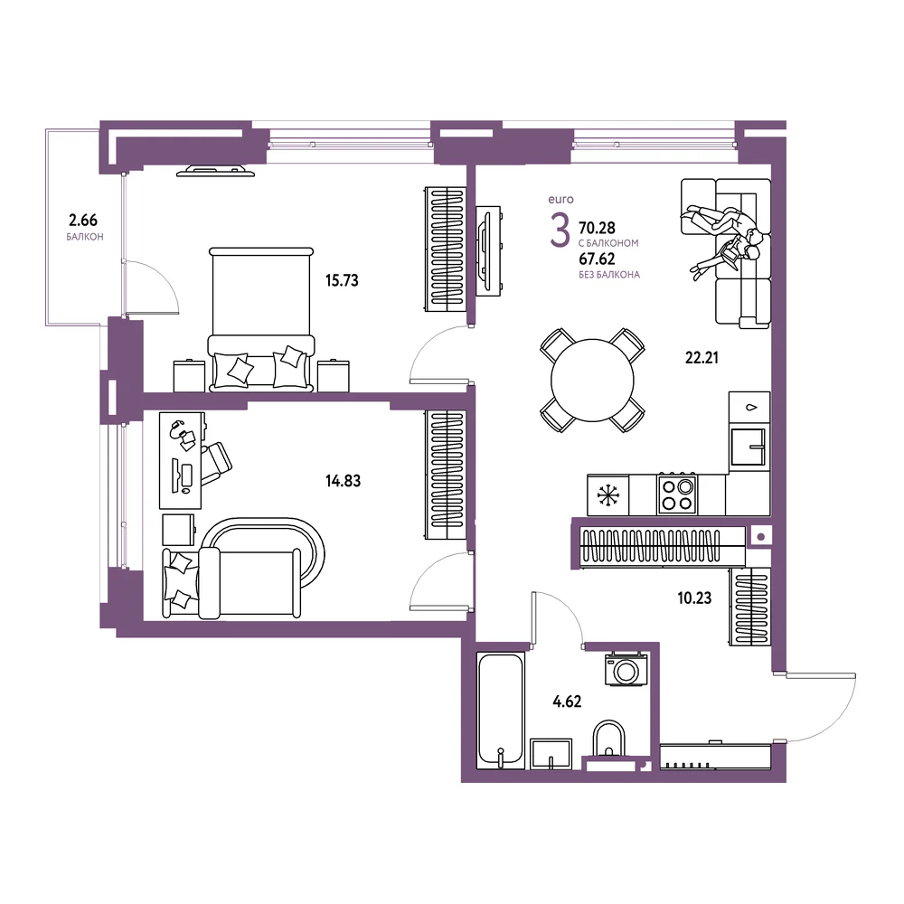 Планировка: Страна.Прибрежная 3-комнатная 70,28м²