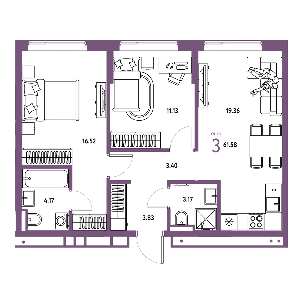 Планировка: Страна.Прибрежная 3-комнатная 61,58м²