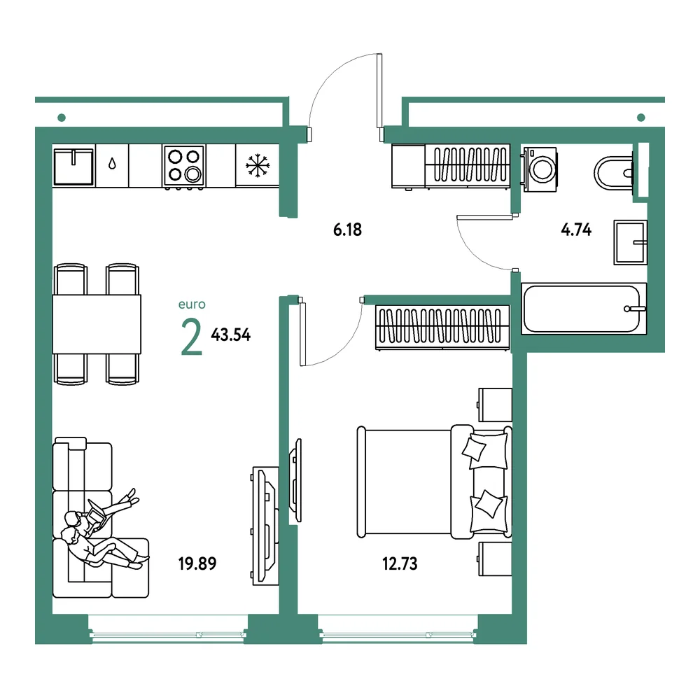 Планировка: Страна.Прибрежная 2-комнатная 43,54м²
