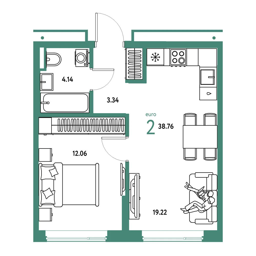 Планировка: Страна.Прибрежная 2-комнатная 38,76м²