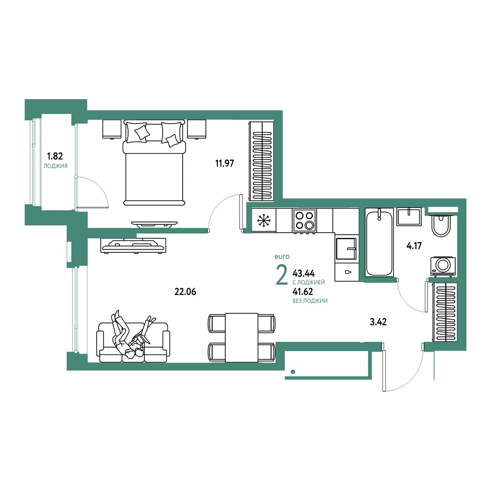 Планировка: Страна.Прибрежная 2-комнатная 43,44м²