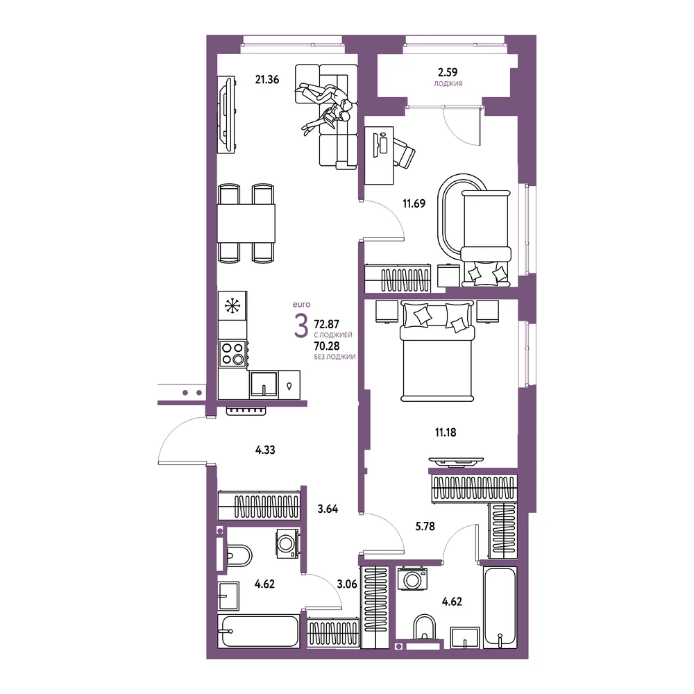 Планировка: Страна.Прибрежная 3-комнатная 72,87м²