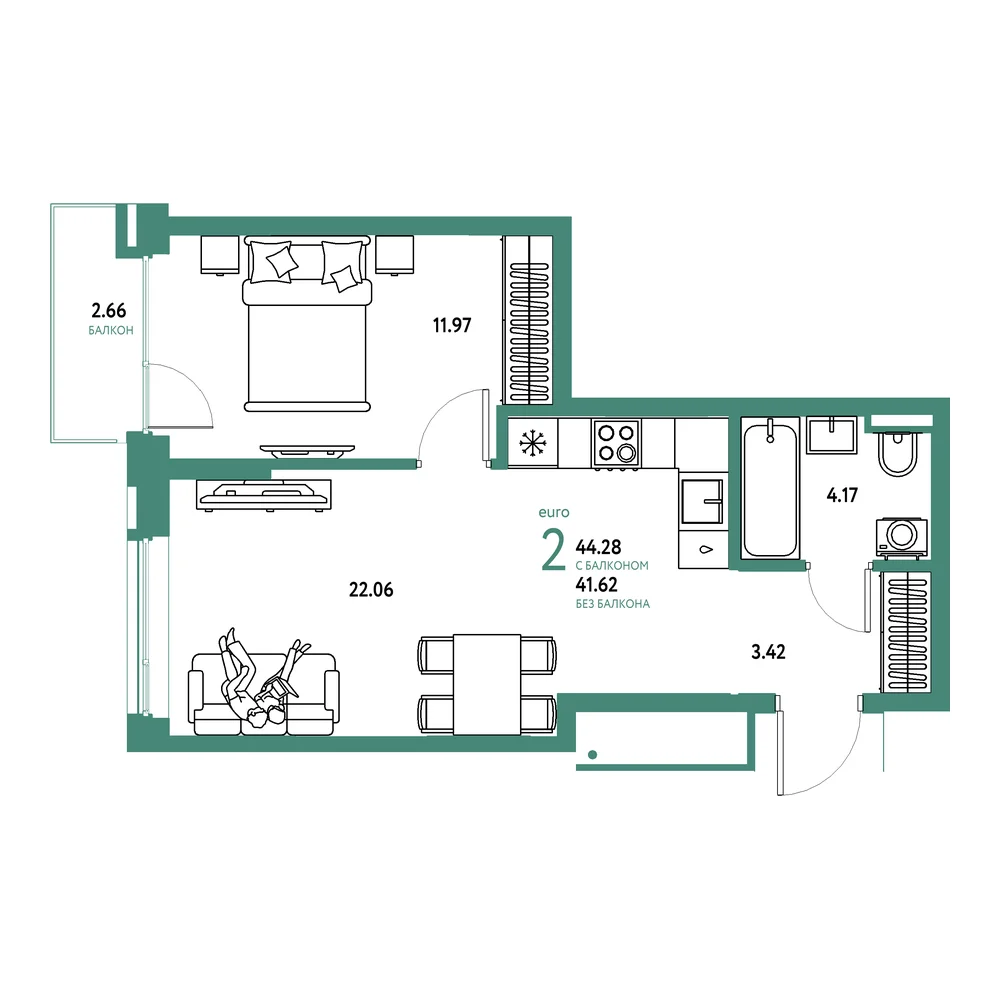 Планировка: Страна.Прибрежная 2-комнатная 44,28м²