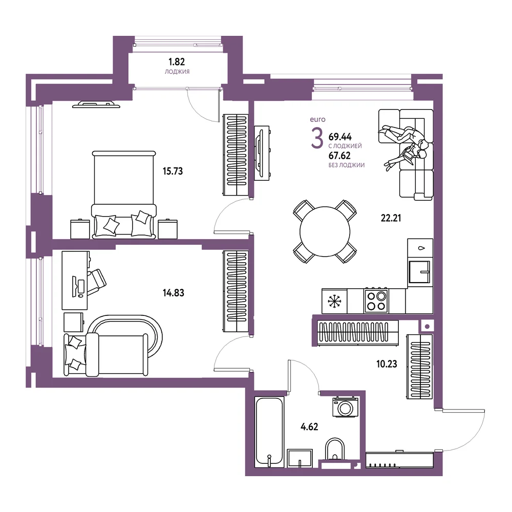 Планировка: Страна.Прибрежная 3-комнатная 69,44м²