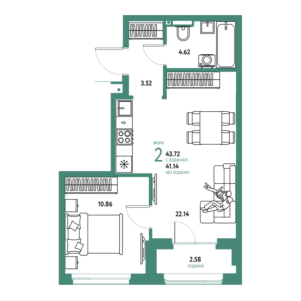Планировка: Страна.Прибрежная 2-комнатная 43,72м²