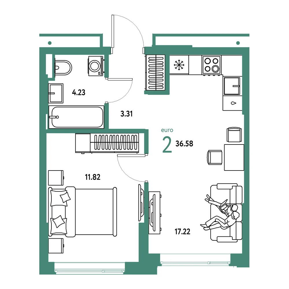 Планировка: Страна.Прибрежная 2-комнатная 36,58м²