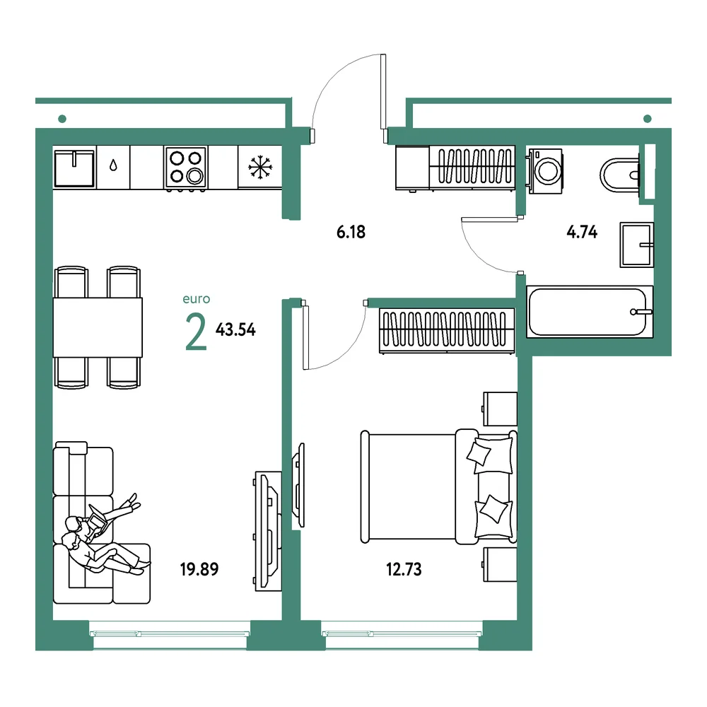 Планировка: Страна.Прибрежная 2-комнатная 43,54м²