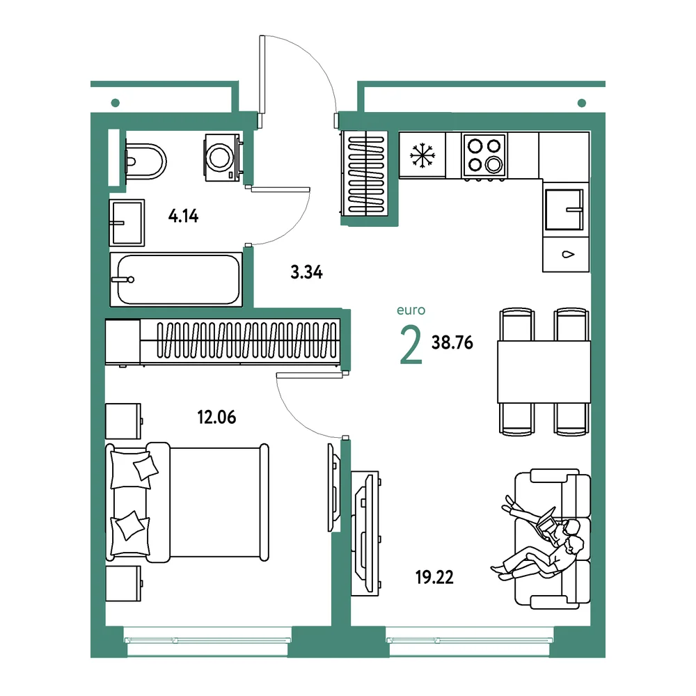Планировка: Страна.Прибрежная 2-комнатная 38,76м²