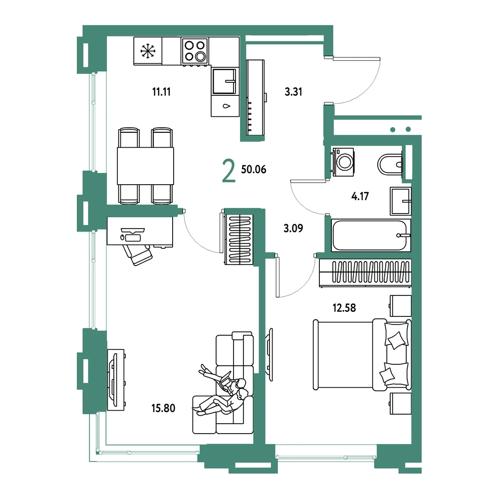 Планировка: Страна.Прибрежная 2-комнатная 50,06м²