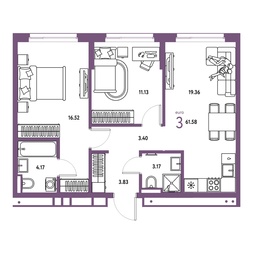 Планировка: Страна.Прибрежная 3-комнатная 61,58м²