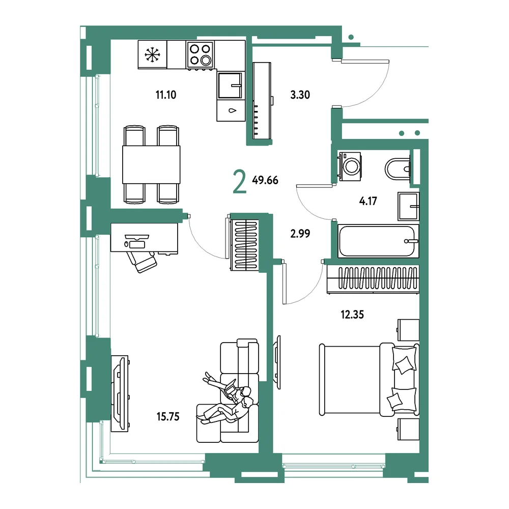 Планировка: Страна.Прибрежная 2-комнатная 49,66м²