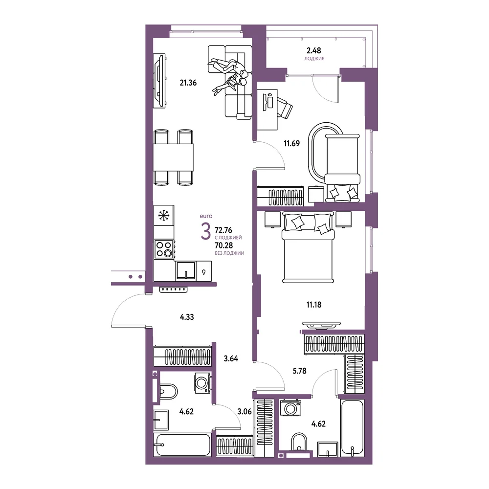 Планировка: Страна.Прибрежная 3-комнатная 72,76м²