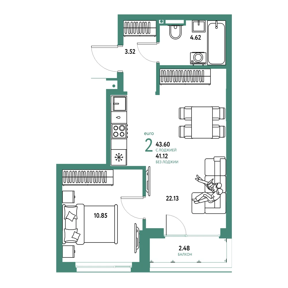 Планировка: Страна.Прибрежная 2-комнатная 43,60м²