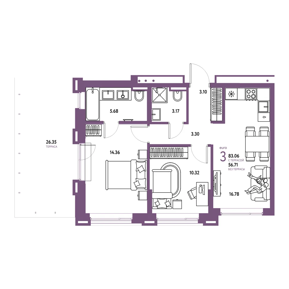 Планировка: Страна.Прибрежная 3-комнатная 83,06м²