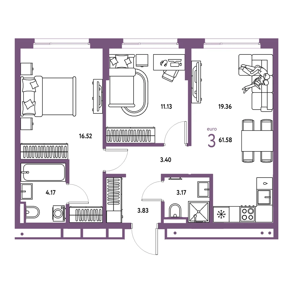 Планировка: Страна.Прибрежная 3-комнатная 61,58м²