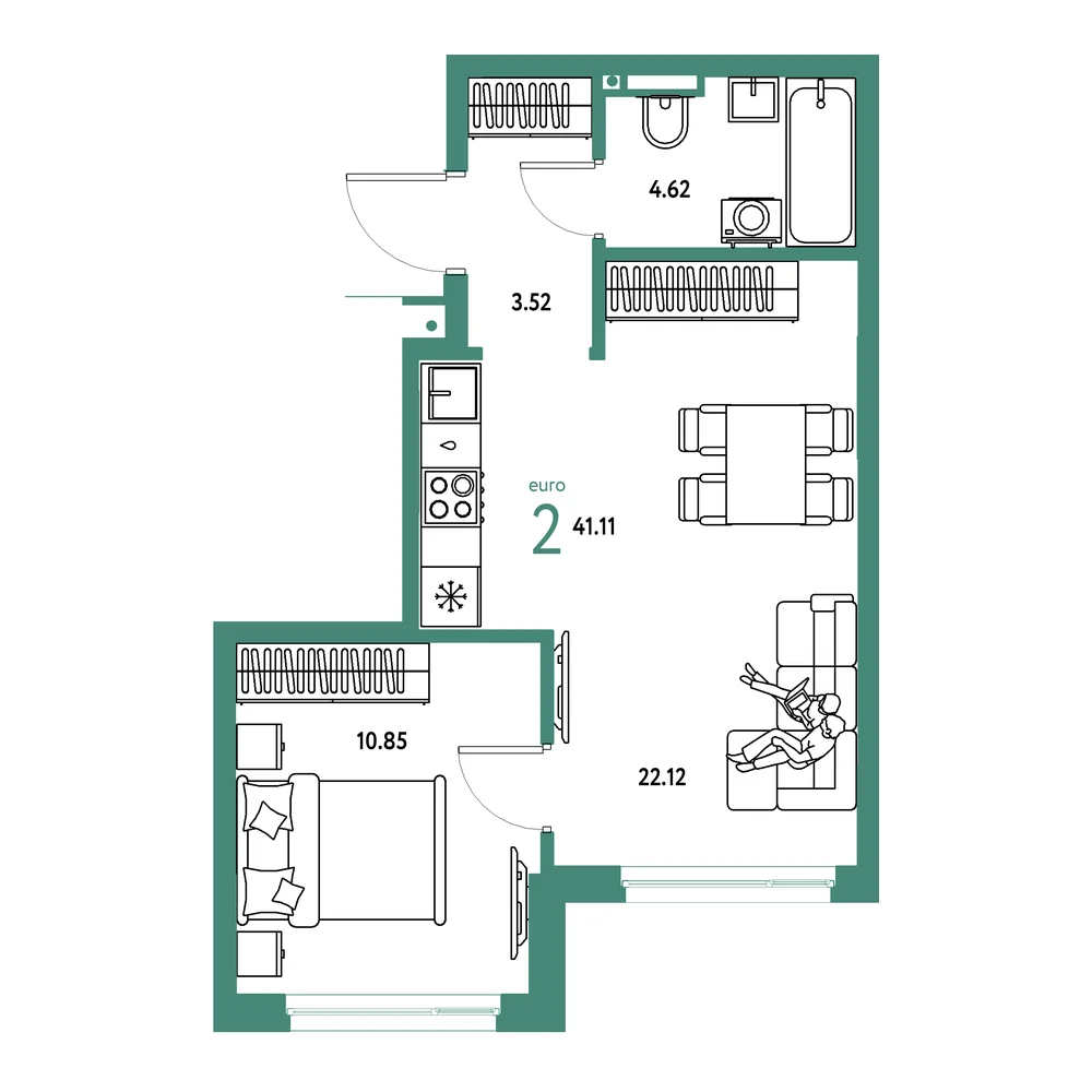 Планировка: Страна.Прибрежная 2-комнатная 41,11м²